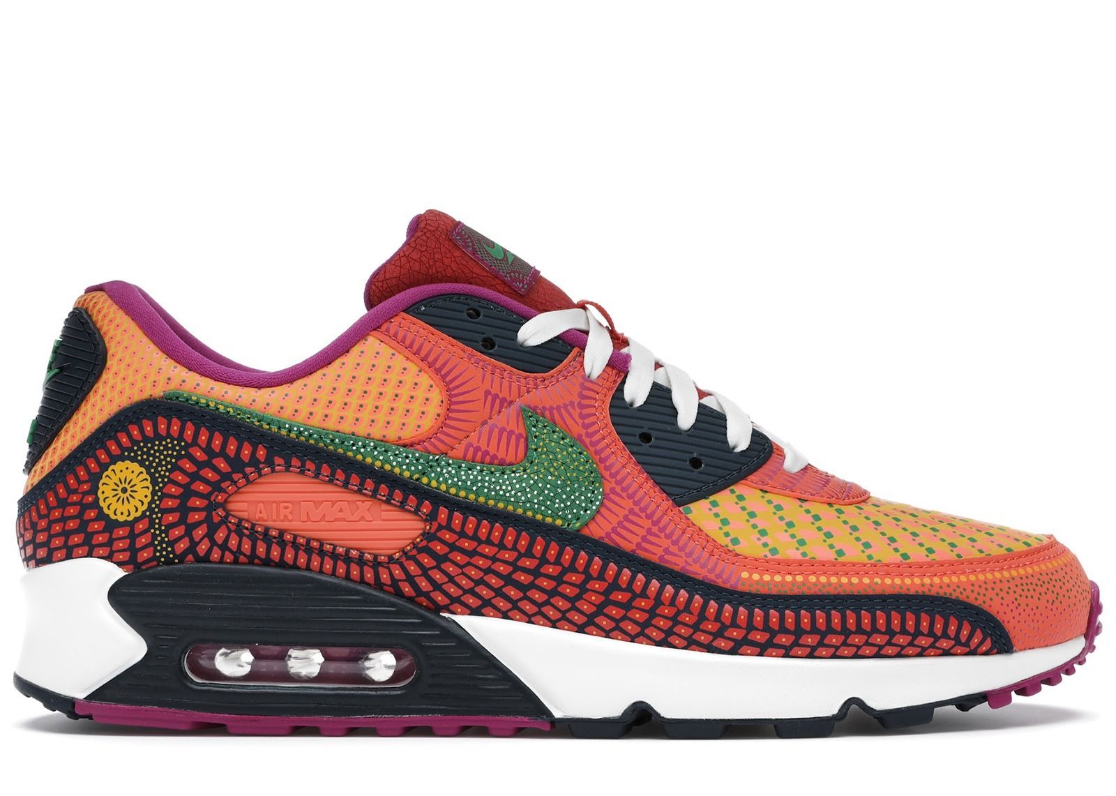 Nike Air Max 90 Dia de los Muertos, красный с желтым и оранжевым, кожа, текстиль, мужские